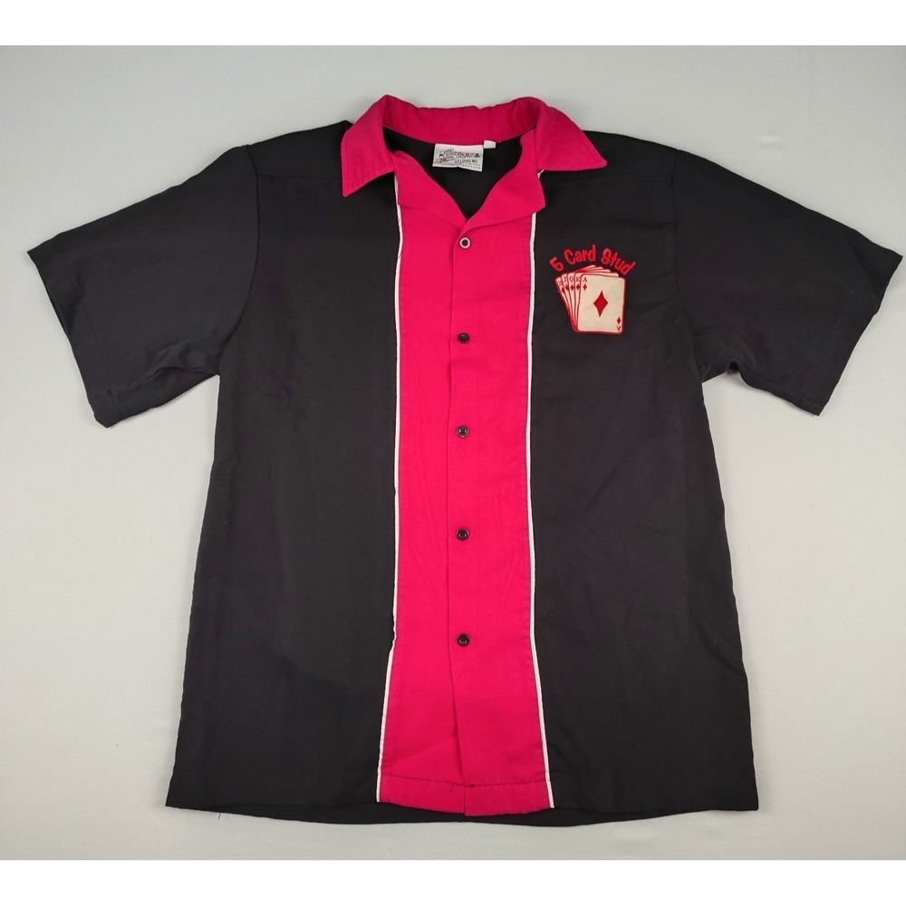 VTG Cruisin USA Bowling Shirt Mens Small Black Red Rockabilly 5 Card Stud Poker